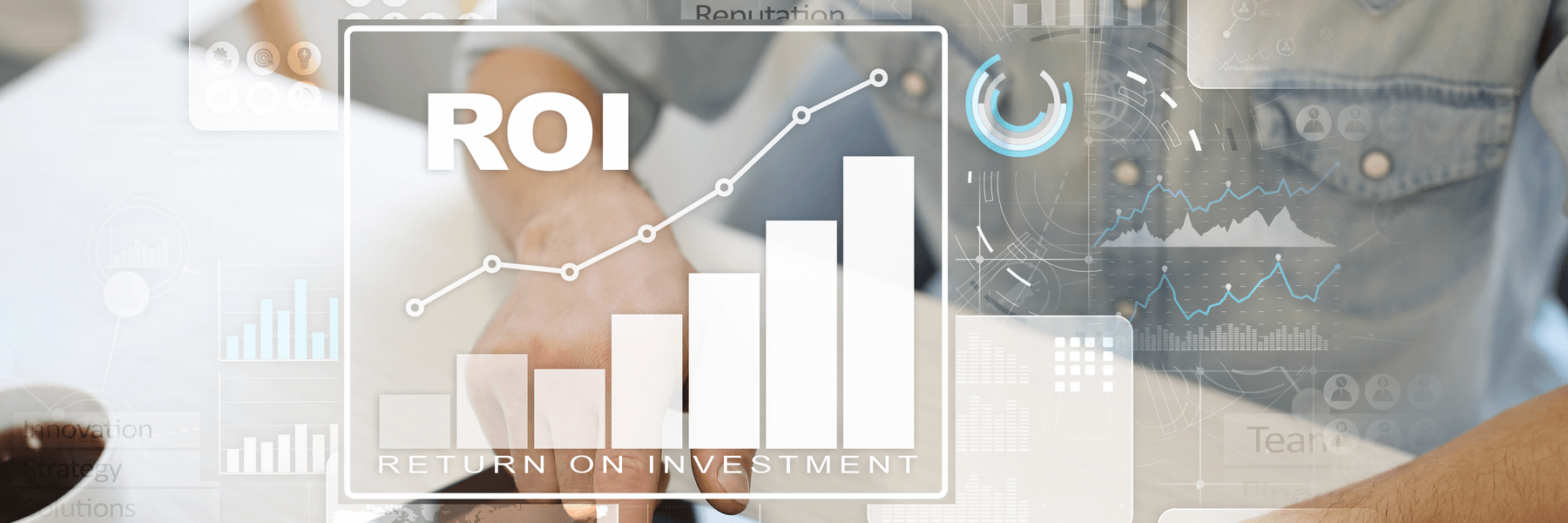 A man sitting at a table with a device that projects a virtual screen that has the letters ROI and a graph. ROI, Return on investment business and technology concept.